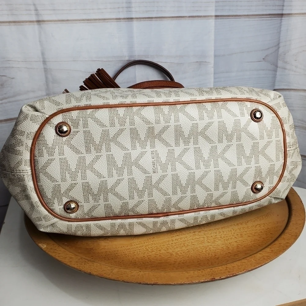 Michael Kors Jet Set Large Logo Leather Gathered Brown Vanilla Tote Purse 15